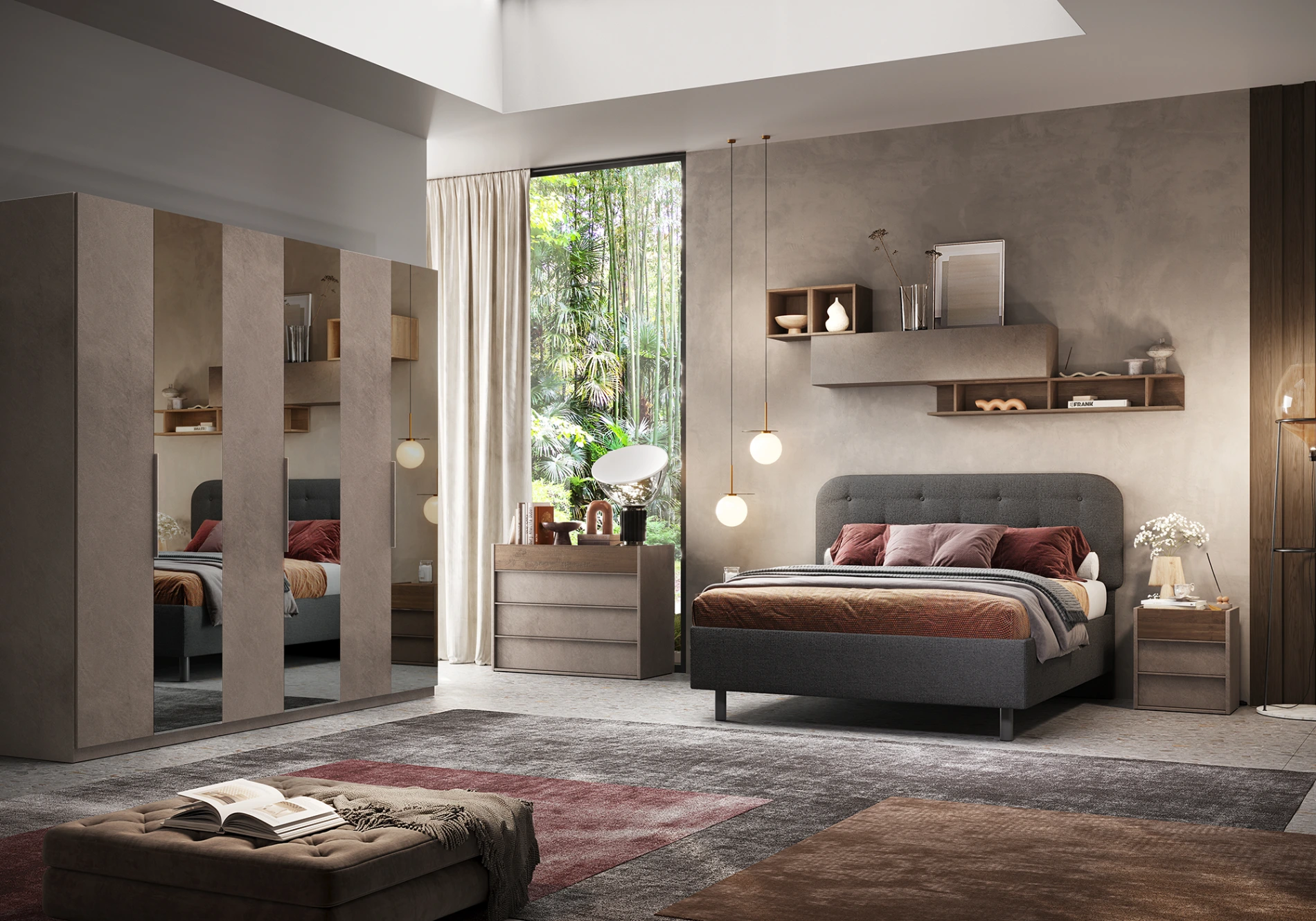 Camera matrimoniale Bronzo con letto in tessuto, collezione Mondo Zenzero Shop