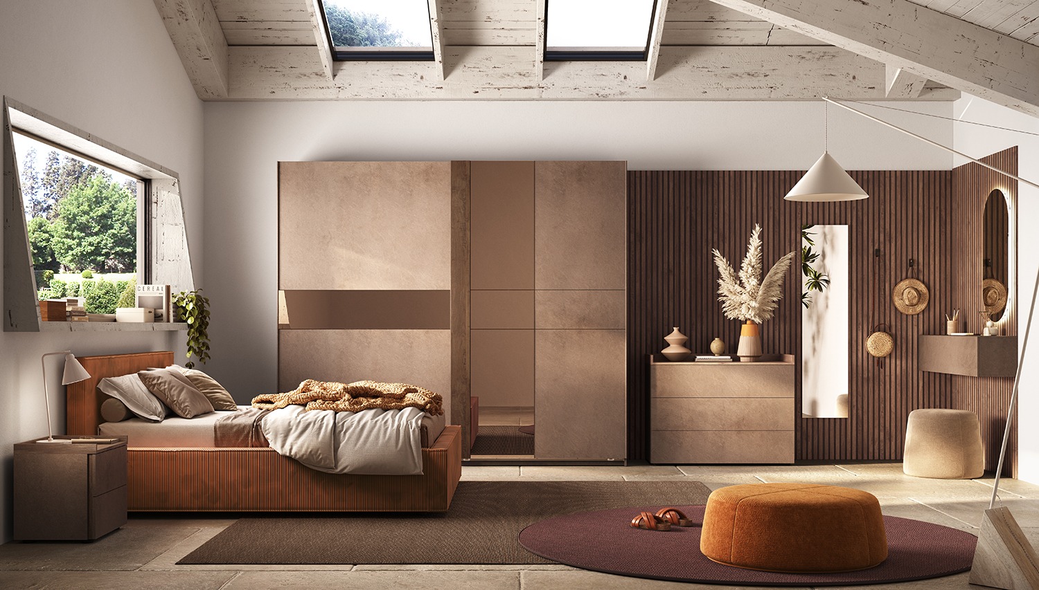 Camera matrimoniale con letto velluto Terracotta, Bronzo e Mercure