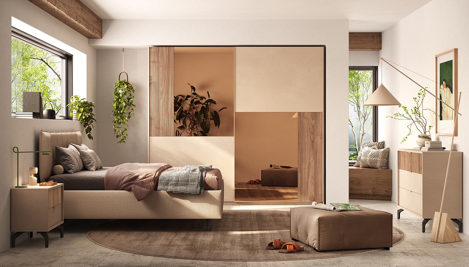 Armadio 2 ante scorrevoli specchi bronzo, Cashmere e cannettato Noce caramello