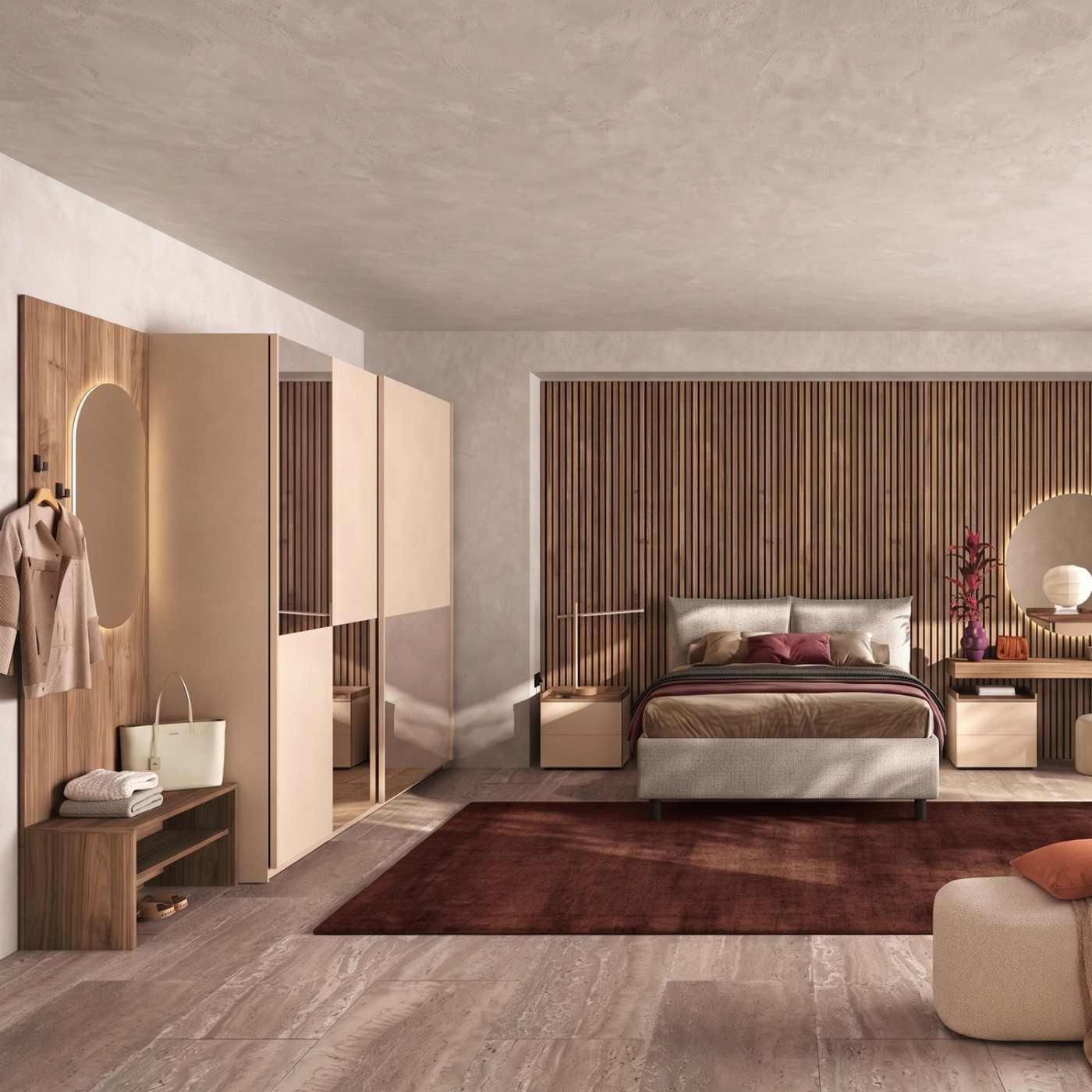 Camera matrimoniale Cashmere e Noce caramello, letto imbottito