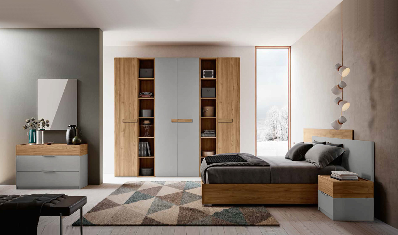 Camera matrimoniale completa Grigio argento e Noce biondo