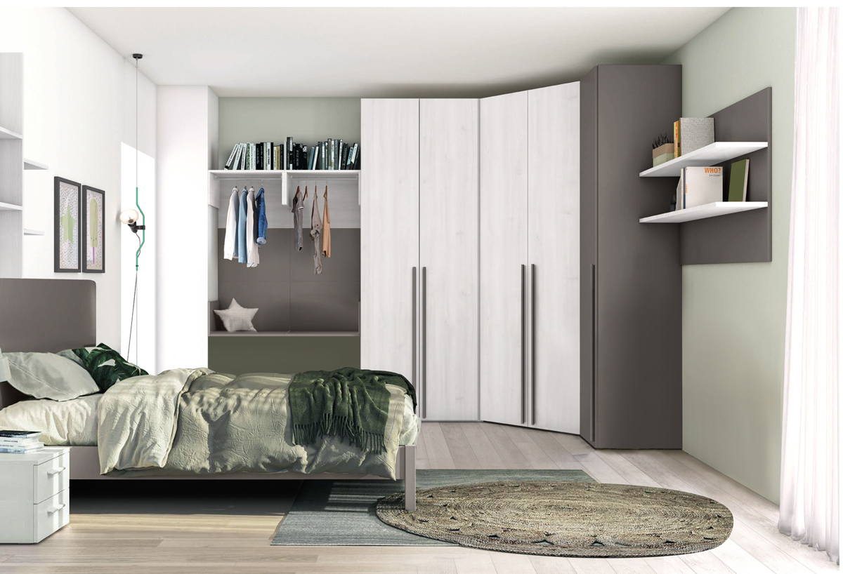 Armadio ad angolo per camerette in finitura Rovere bianco e Grigio Titanio