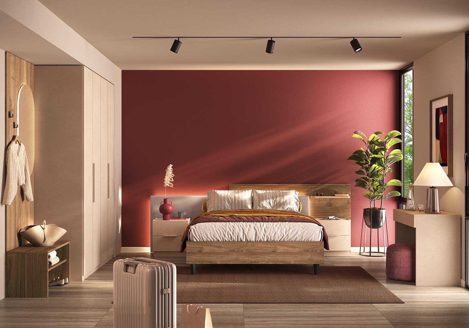 Camera matrimoniale armadio, letto e comodini, Cashmere e Noce caramello