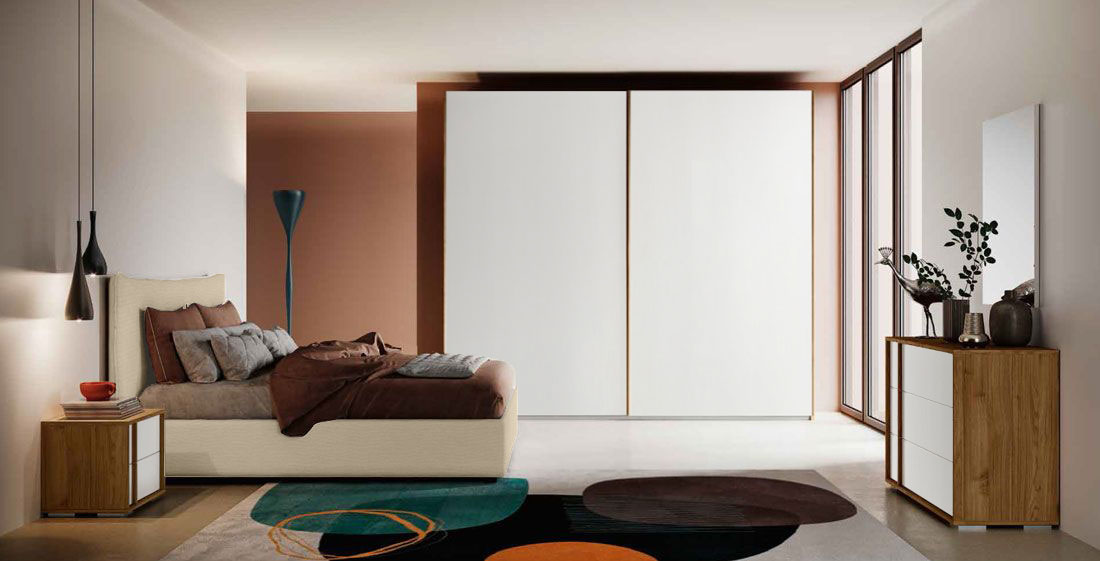 Camera matrimoniale Levante completa, finitura Bianco nobilitato opaco e Noce Biondo