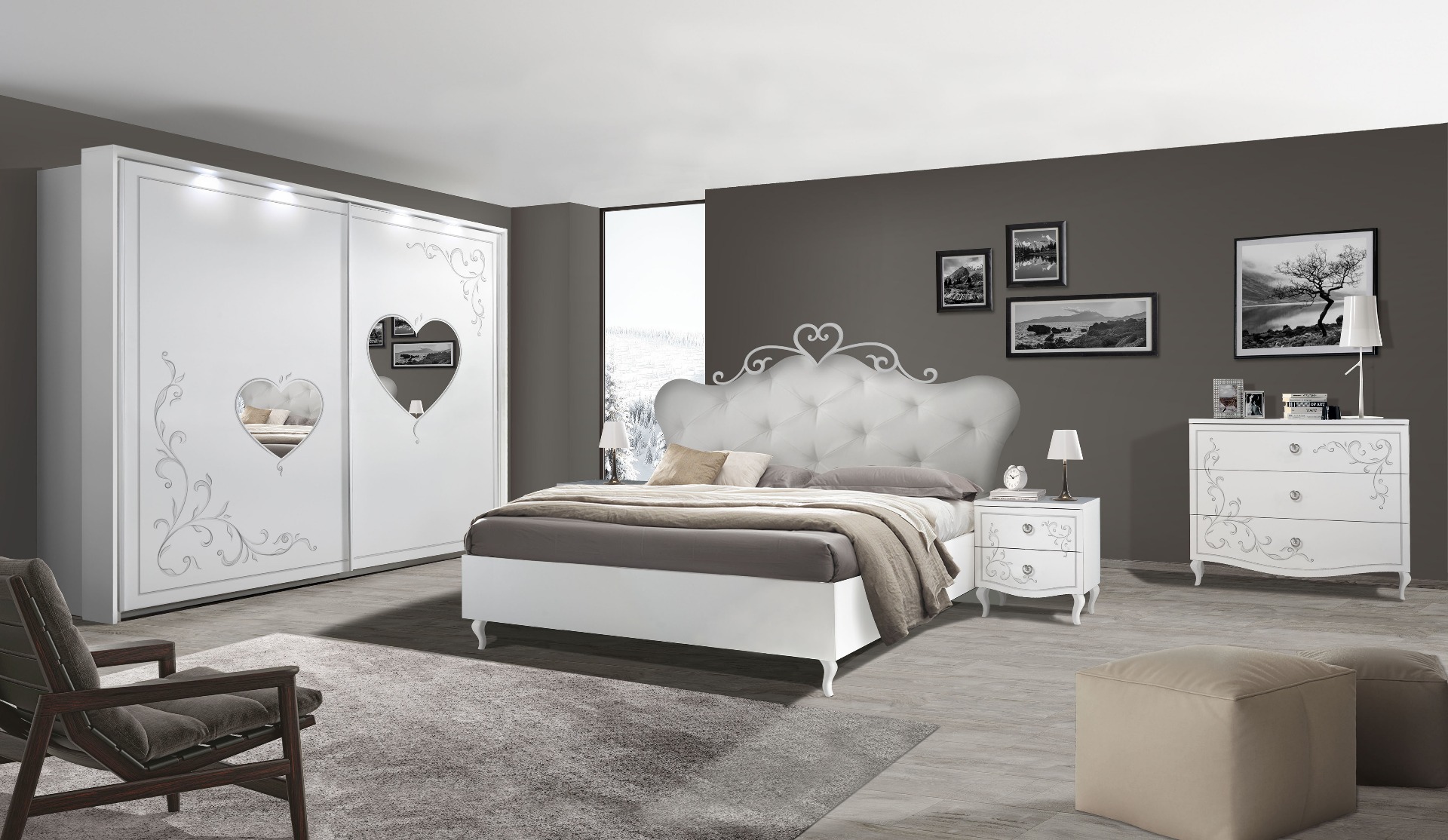 Armadio con specchi a cuore e serigrafie in finitura Bianco a 2 ante scorrevoli