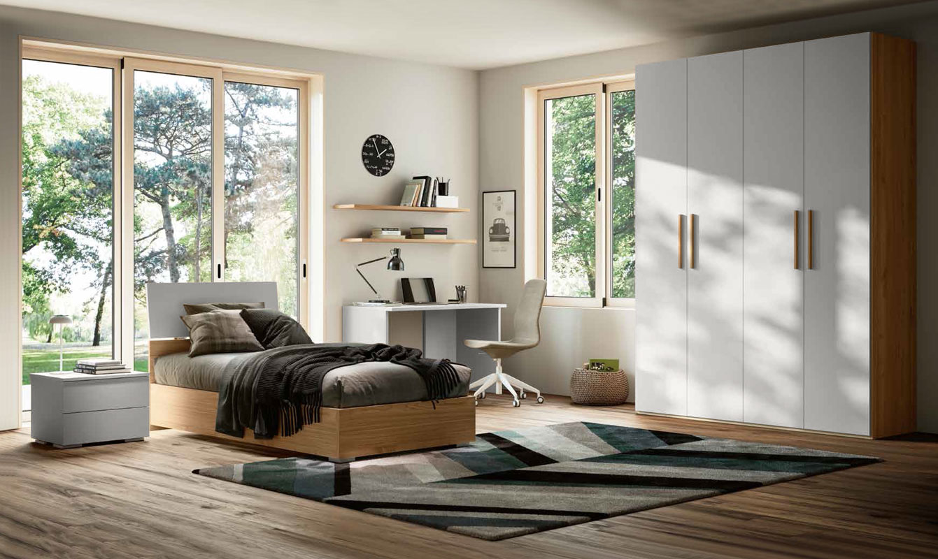 Cameretta completa ragazzi con letto singolo, Bianco e Noce biondo
