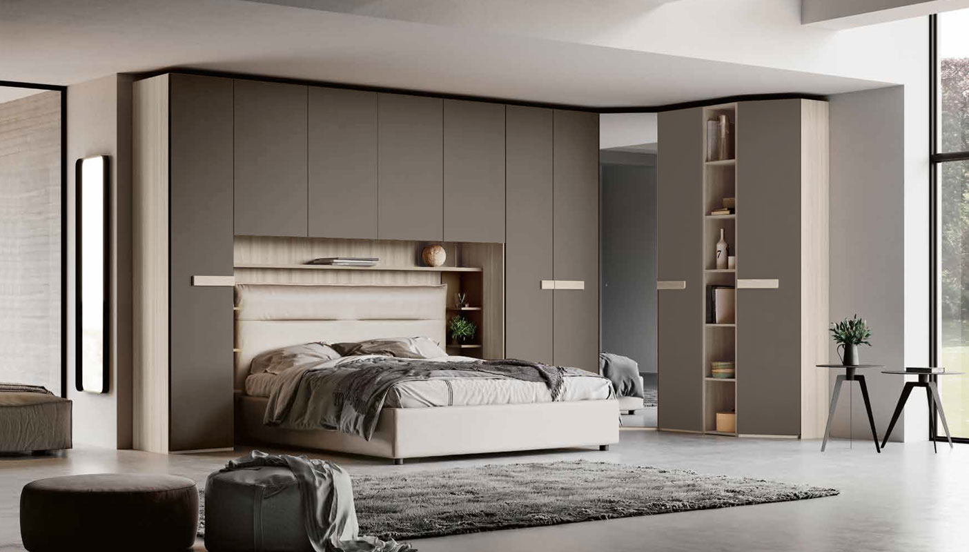 Armadio a ponte con angolo e libreria, finitura Grigio cenere e Olmo natura