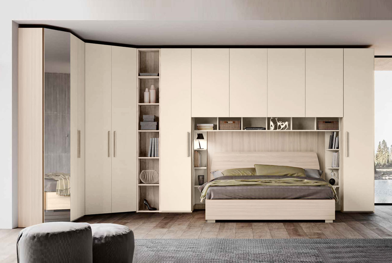 Armadio a ponte con cabina e libreria, finitura Orzo e Olmo natura