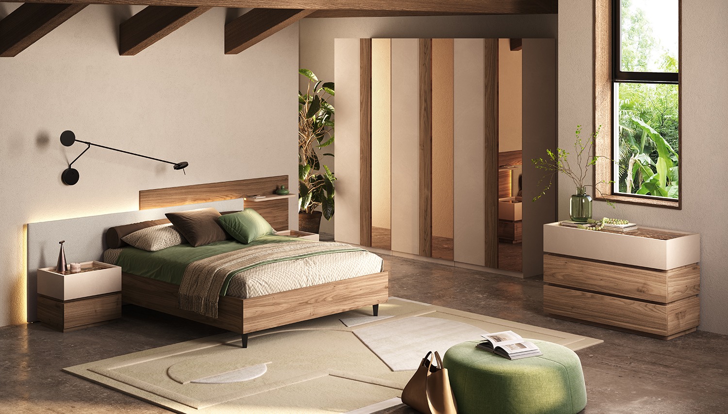 Armadio battente 6 ante con specchi, Cashmere e Noce caramello, L.273 H.240