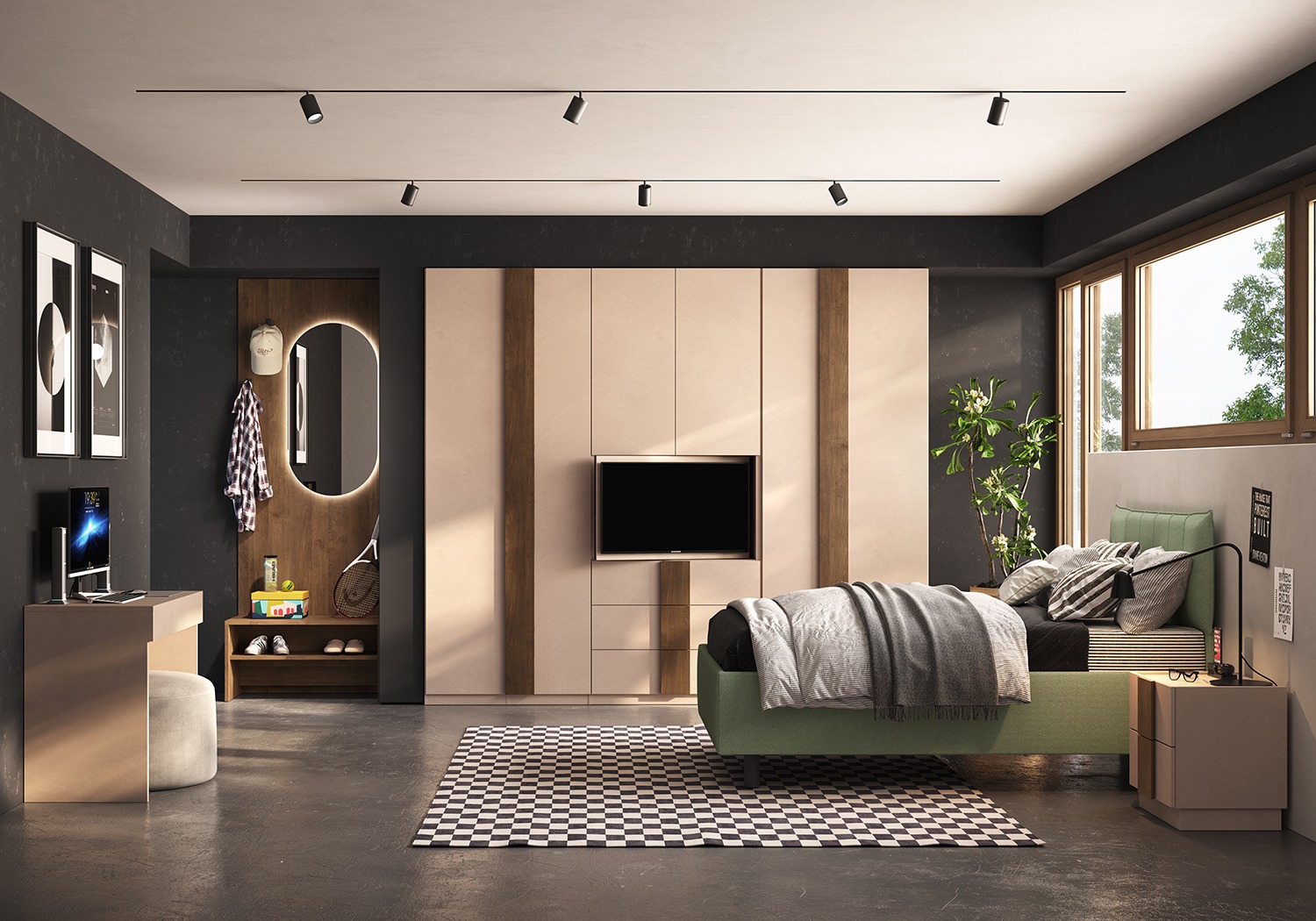 Cameretta con armadio porta tv, letto 1 piazza e mezza e comodino