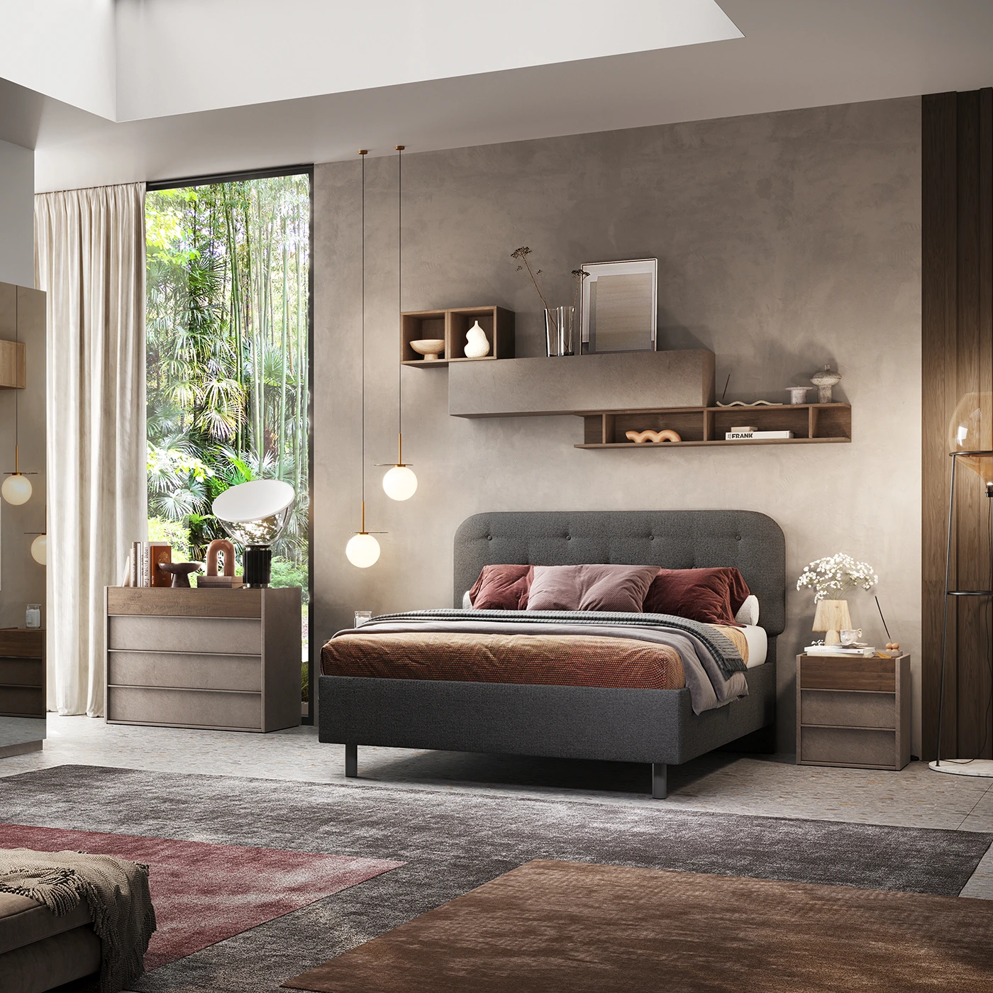 Camera matrimoniale Bronzo con letto in tessuto, collezione Mondo Zenzero Shop