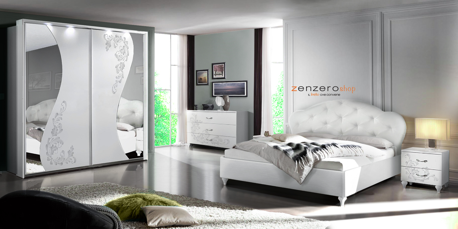 Camera da letto serigrafata con specchi, in finitura Bianco 