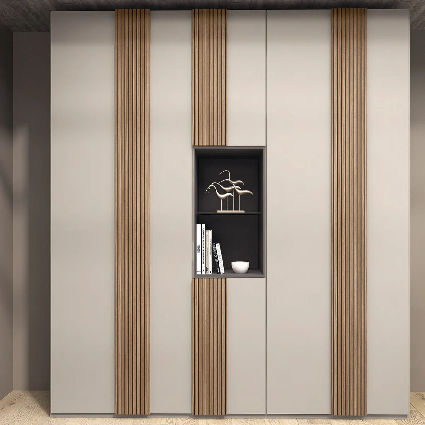 Armadio 5 ante battenti con vano, Tortora e Cannettato Zenzero Shop