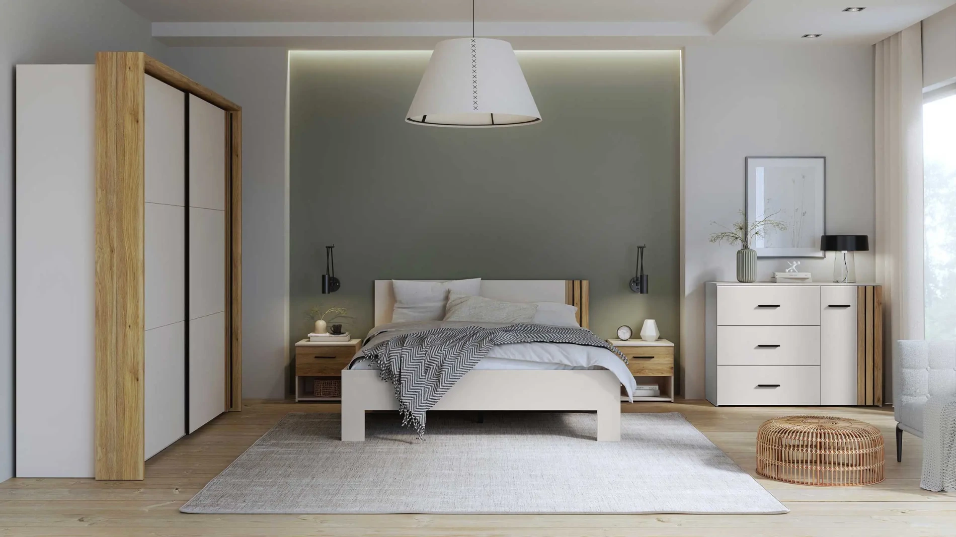 Camera da letto moderna in finitura Sabbia e Rovere