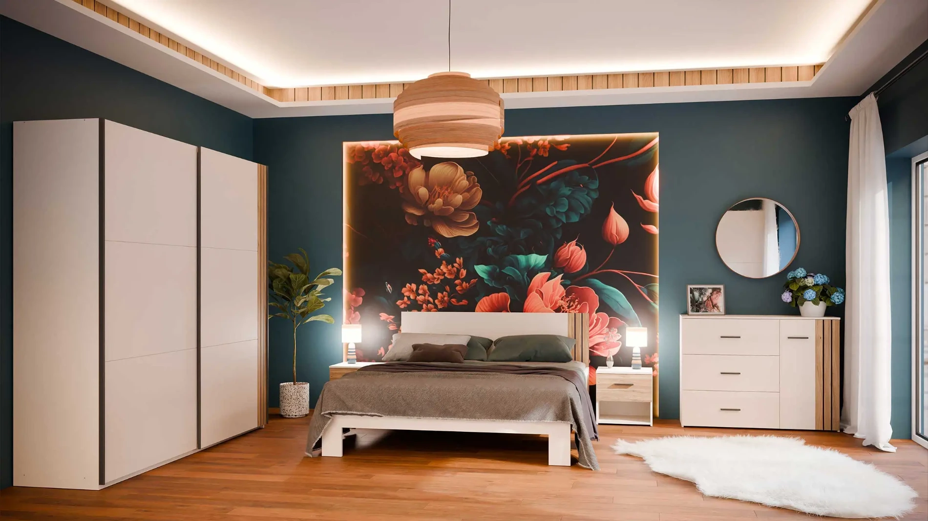 Camera da letto moderna in finitura Sabbia e Rovere