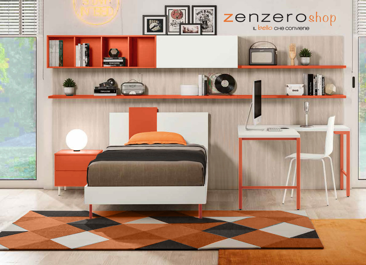 Letto singolo POP 02, finitura Corallo e Bianco Opaco