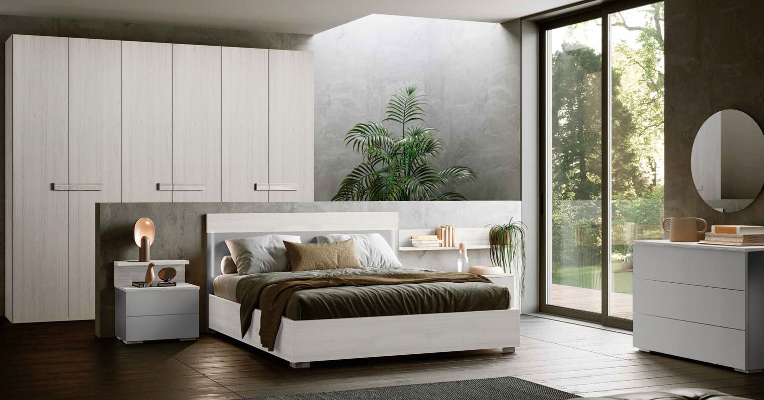 Camera con armadio 6 ante battente, finitura Bianco altea e Grigio argento