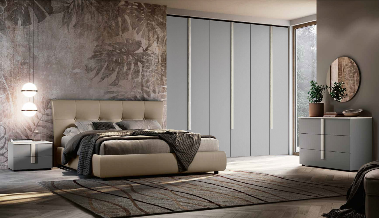 Camera con letto contenitore e armadio battente, Grigio argento e Bianco