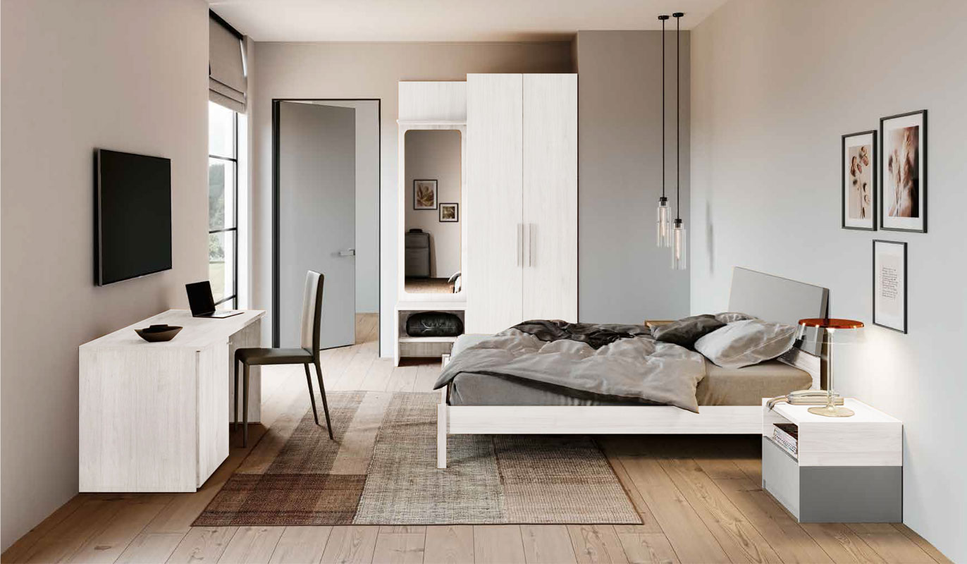 Camera matrimoniale con armadio battente, finitura Bianco altea e Grigio argento