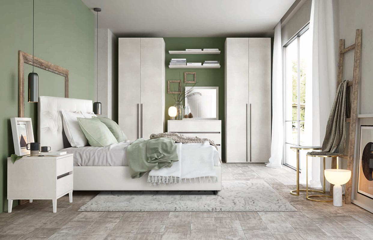 Camera completa di armadio, comò e comodini in finitura Cemento artico