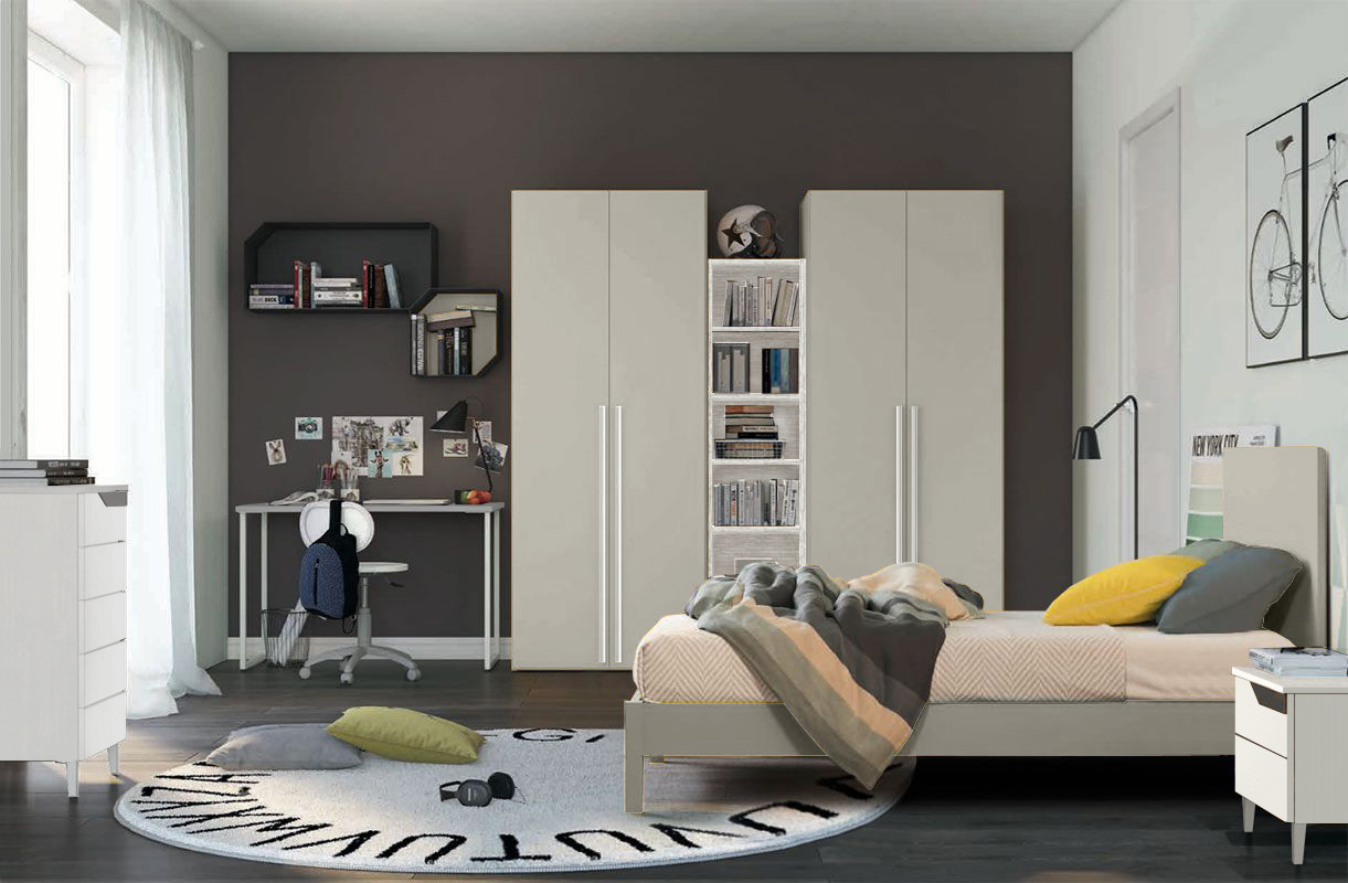 Mobili per ragazzi in sconto, cameretta Grigio Dorian e Bianco opaco completa