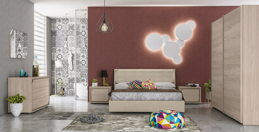 Letto contenitore moderno, ecopelle Sabbia con giroletto imbottito