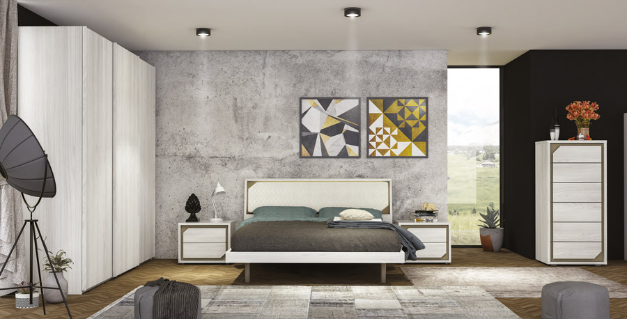 Letto matrimoniale moderno, Olmo Bianco con dettagli visone, Made in Italy