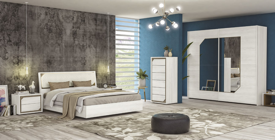 Letto matrimoniale contenitore con testiera olmo bianco e ecopelle bianca, made in Italy