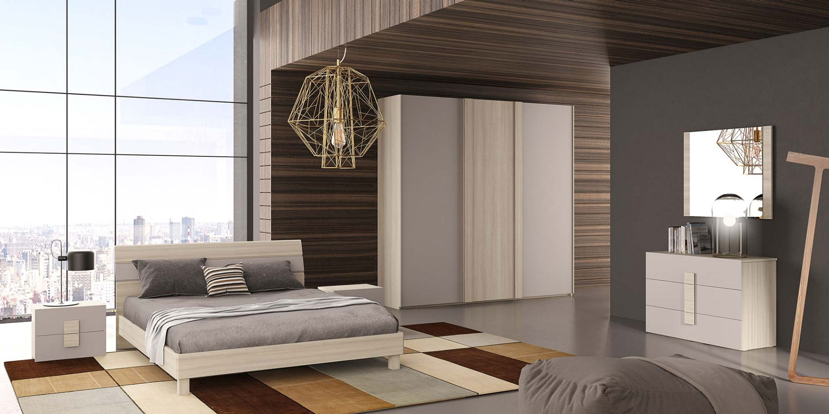 Camera matrimoniale completa Pellicano con armadio ad ante scorrevoli in finitura Olmo e Tortora