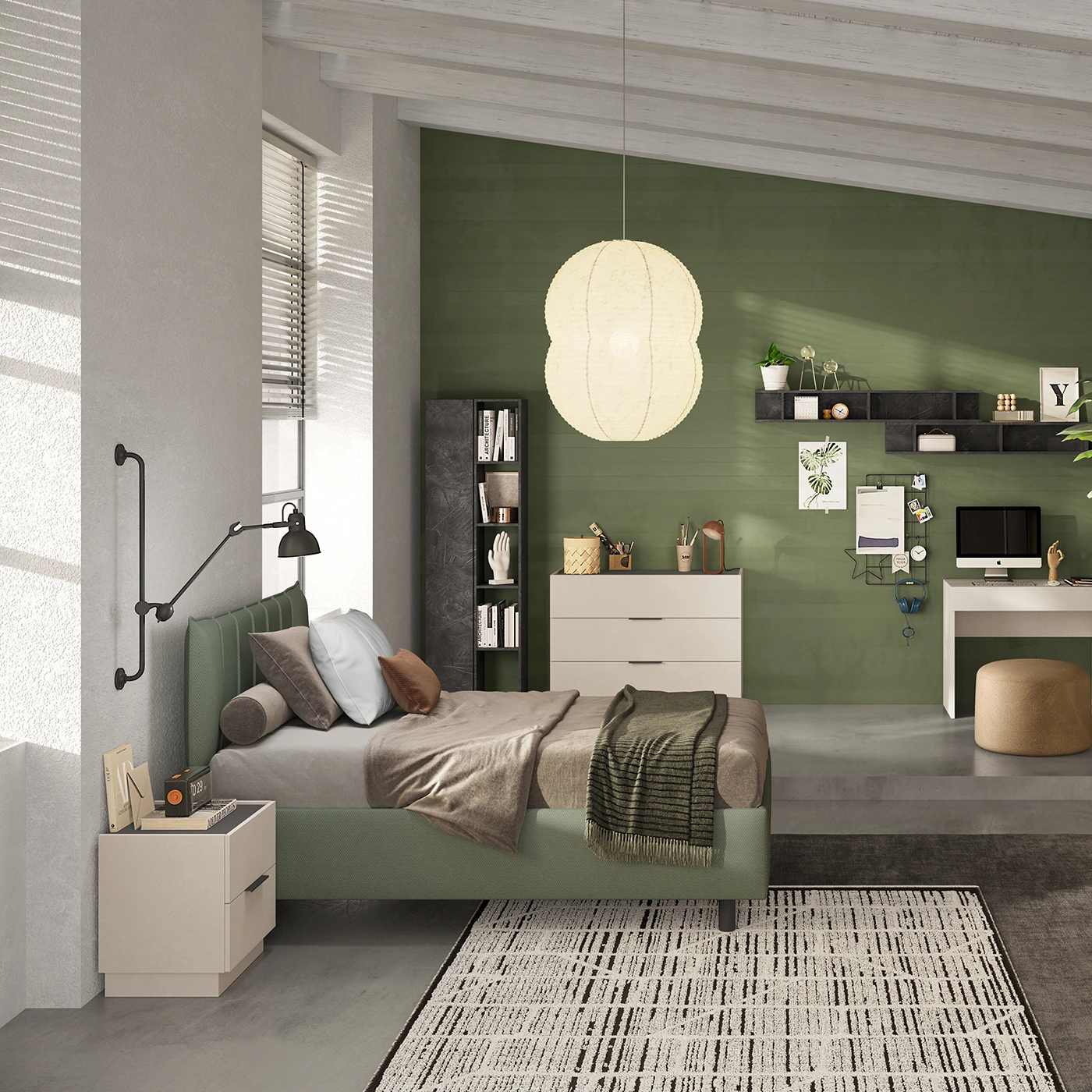 cameretta con letto una piazza e mezza verde