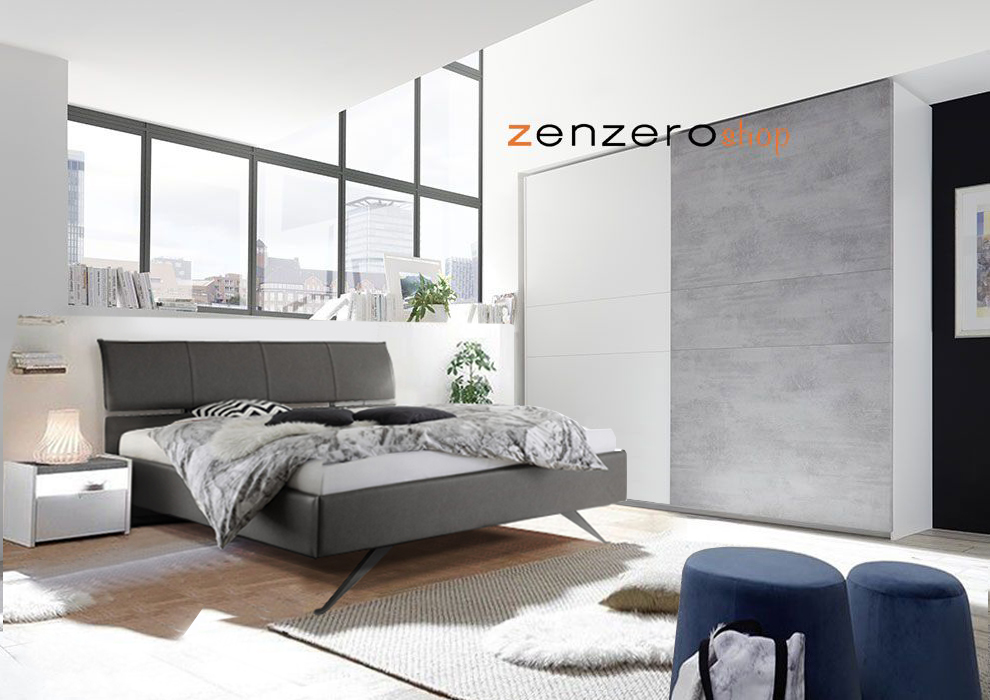 Camere matrimoniale Bianca Opaco e Beton con letto in ecopelle, armadio e comodini