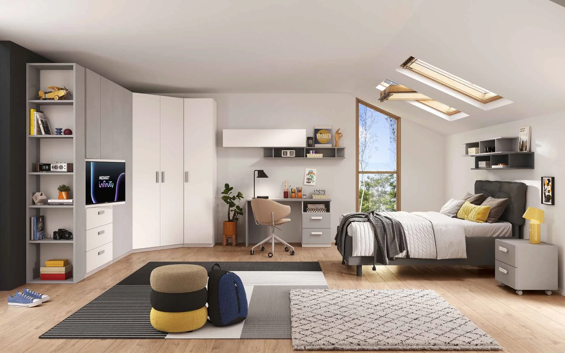 Cameretta con armadio angolare e letto contenitore, Bianco opaco e Gesso