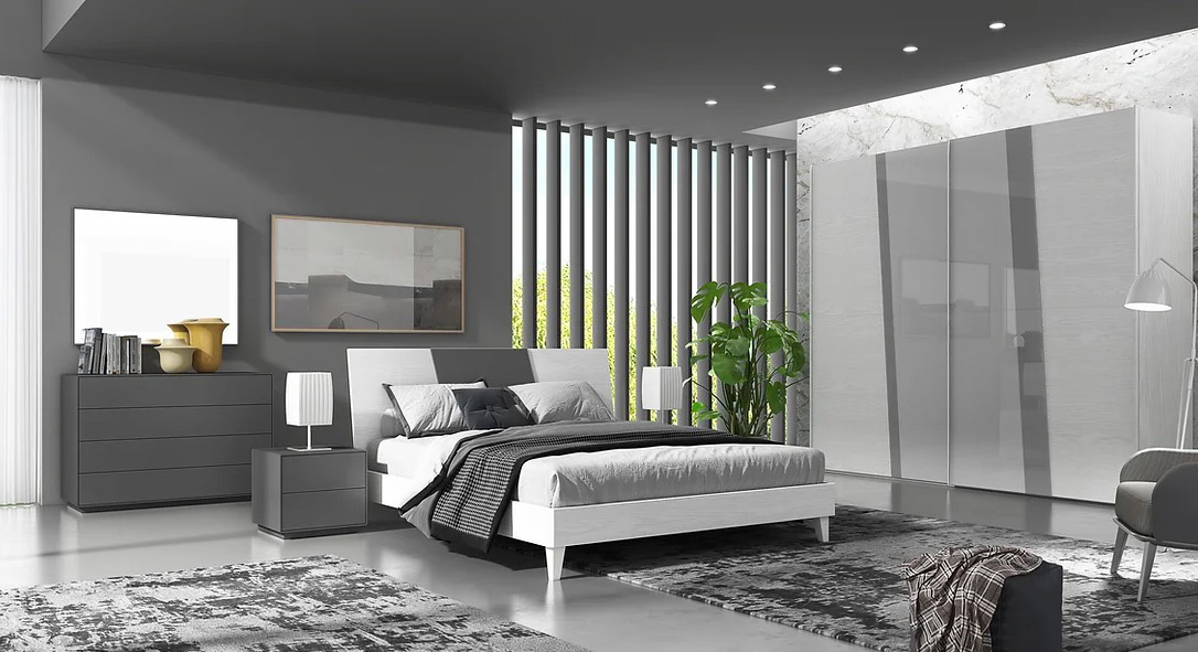 Camera matrimoniale Sparviero di design in finitura Frassino gesso e Grigio scuro