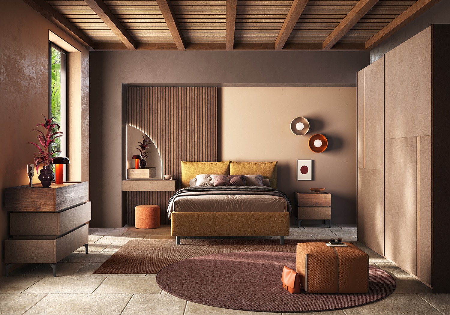 Camera matrimoniale con letto boucle Senape, finitura Bronzo e Mercure