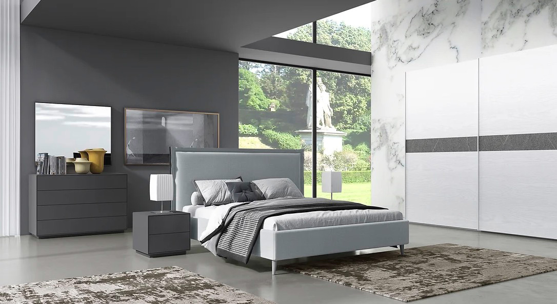 Camera da letto di design Cormorano con armadio, comò, comodini e letto matrimoniale 