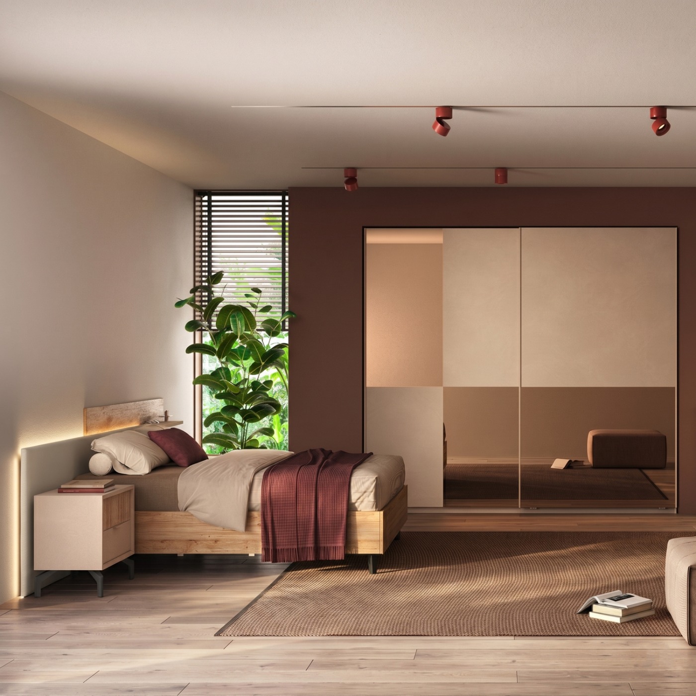 Camera con armadio scorrevole, letto e comodini, Cashmere e Cadiz