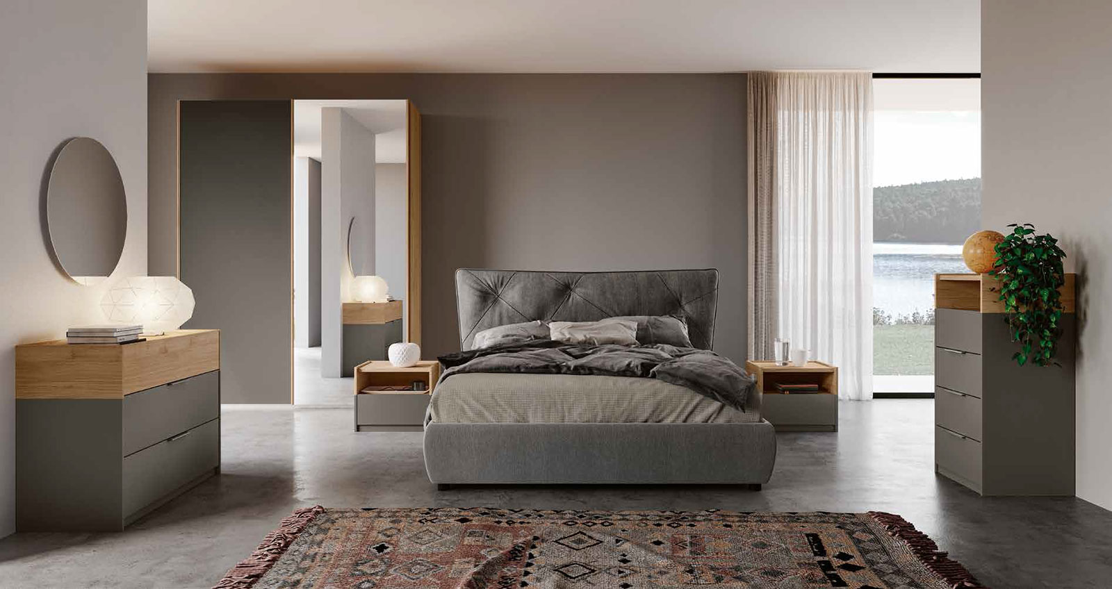 Camera matrimoniale con letto ecopelle, finitura Grigio cenere e Noce biondo