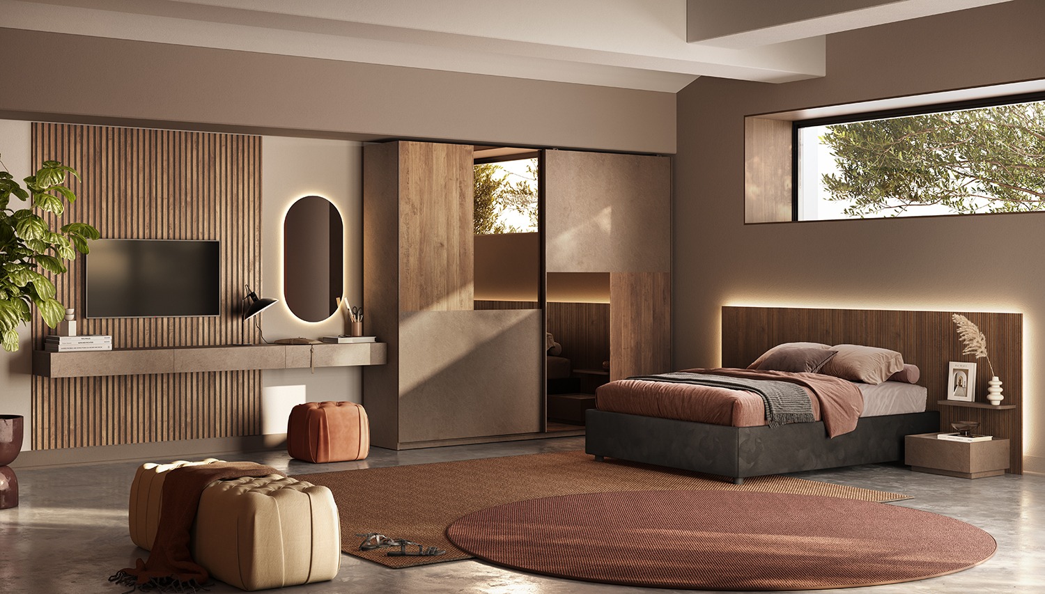 Letto matrimoniale con testiera cannettata Mercure, giroletto velluto Fumo