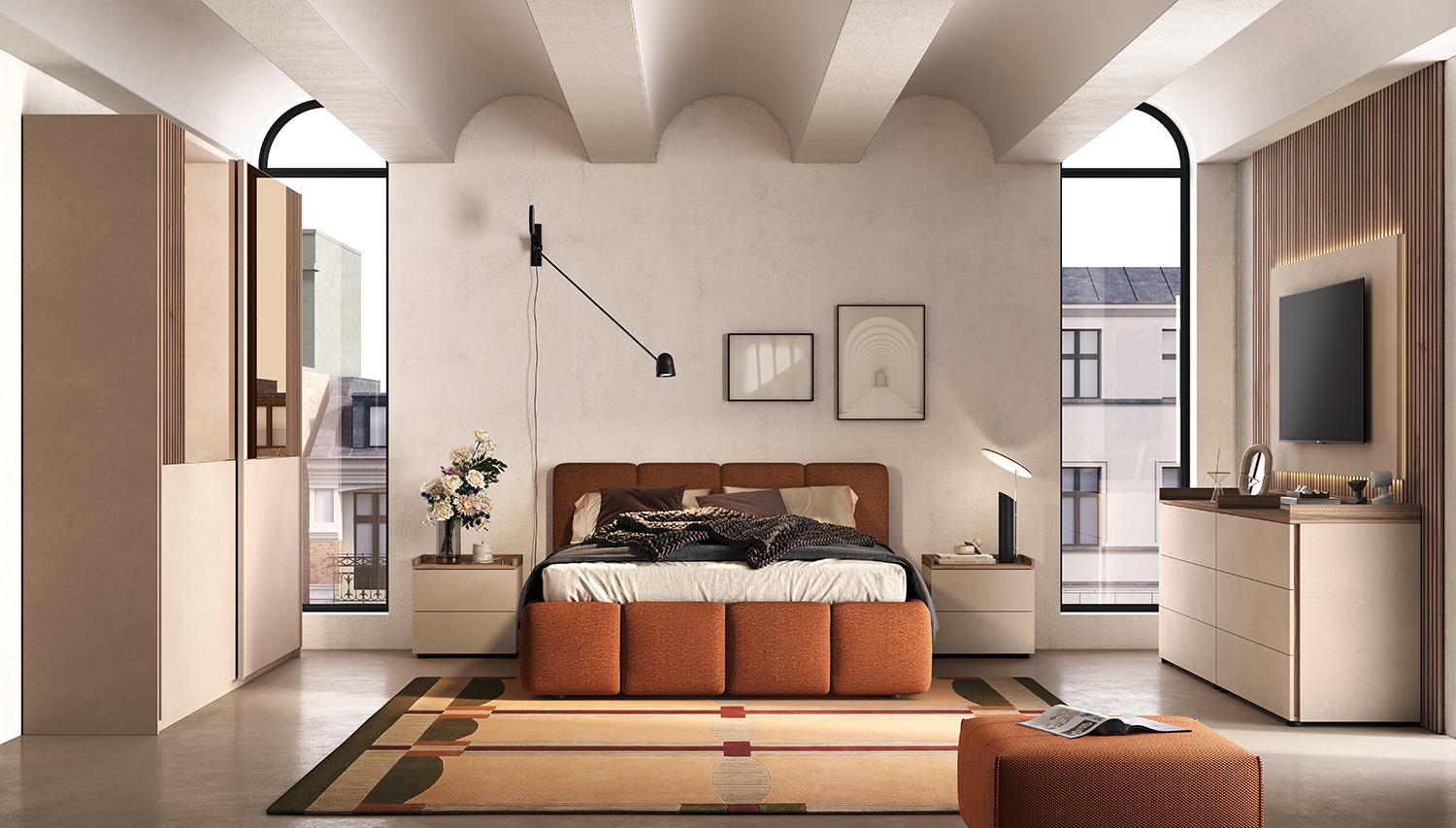 Camera matrimoniale con letto imbottito Terracotta, Cashmere e Noce caramello