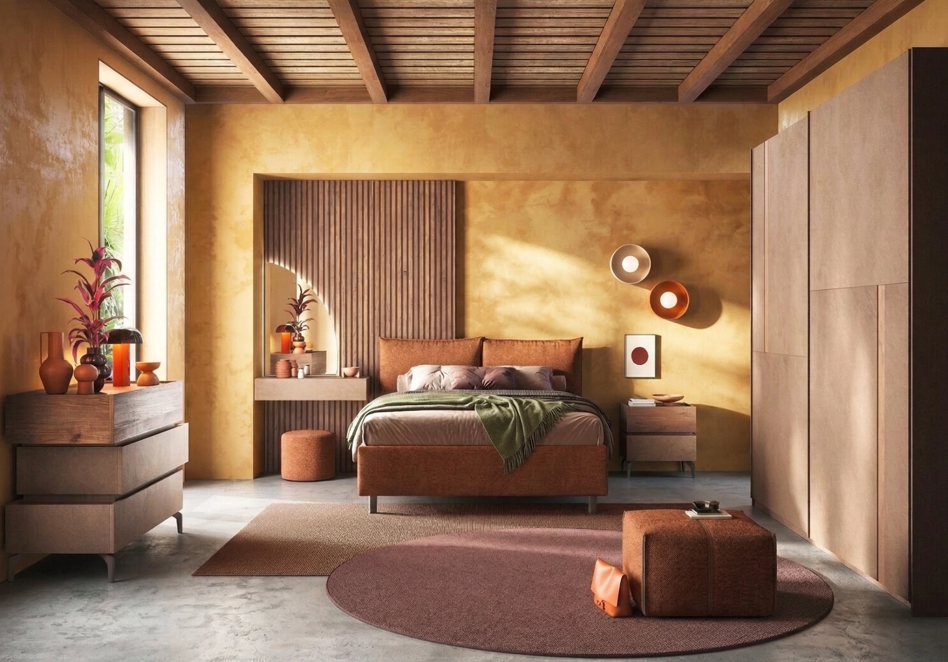 Letto matrimoniale con cuscini, tessuto Bouclè Terracotta