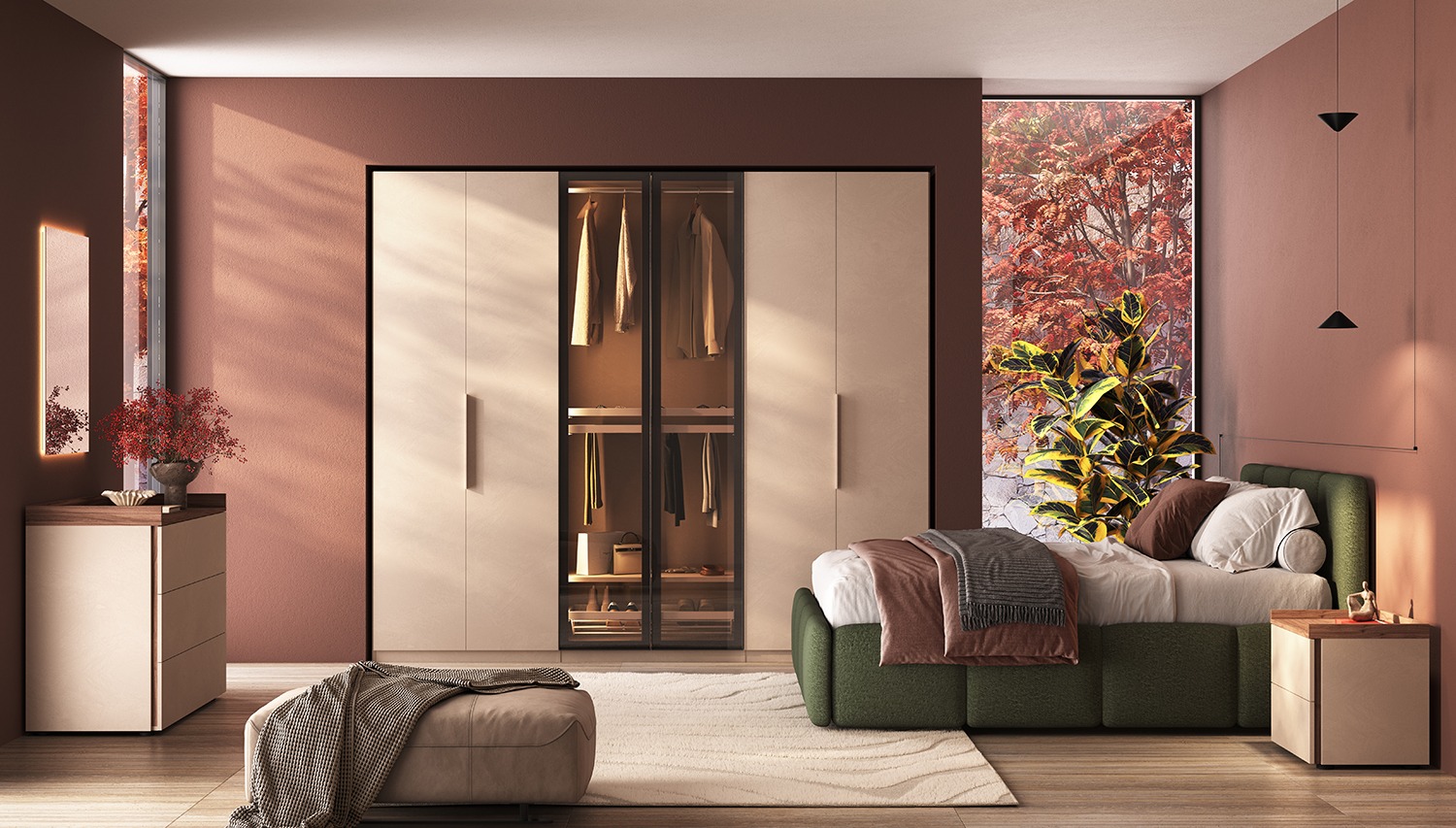 Comodino 2 cassetti moderno, finitura Cashmere e Noce caramello