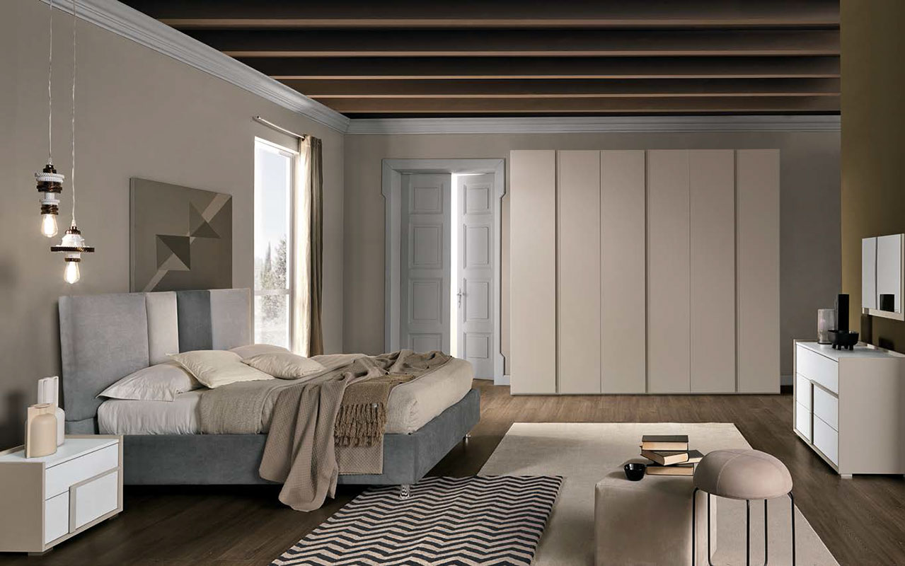 Camera con letto imbottito e armadio battente, finitura Cachemire e Noce bianco