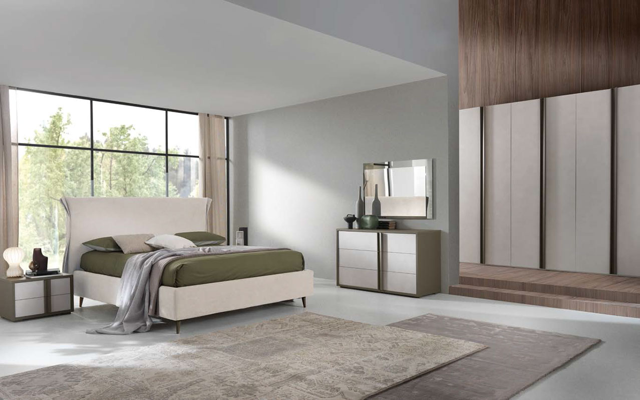 Camera completa matrimoniale con armadio battente e letto imbottito in Calce e Grigio londra