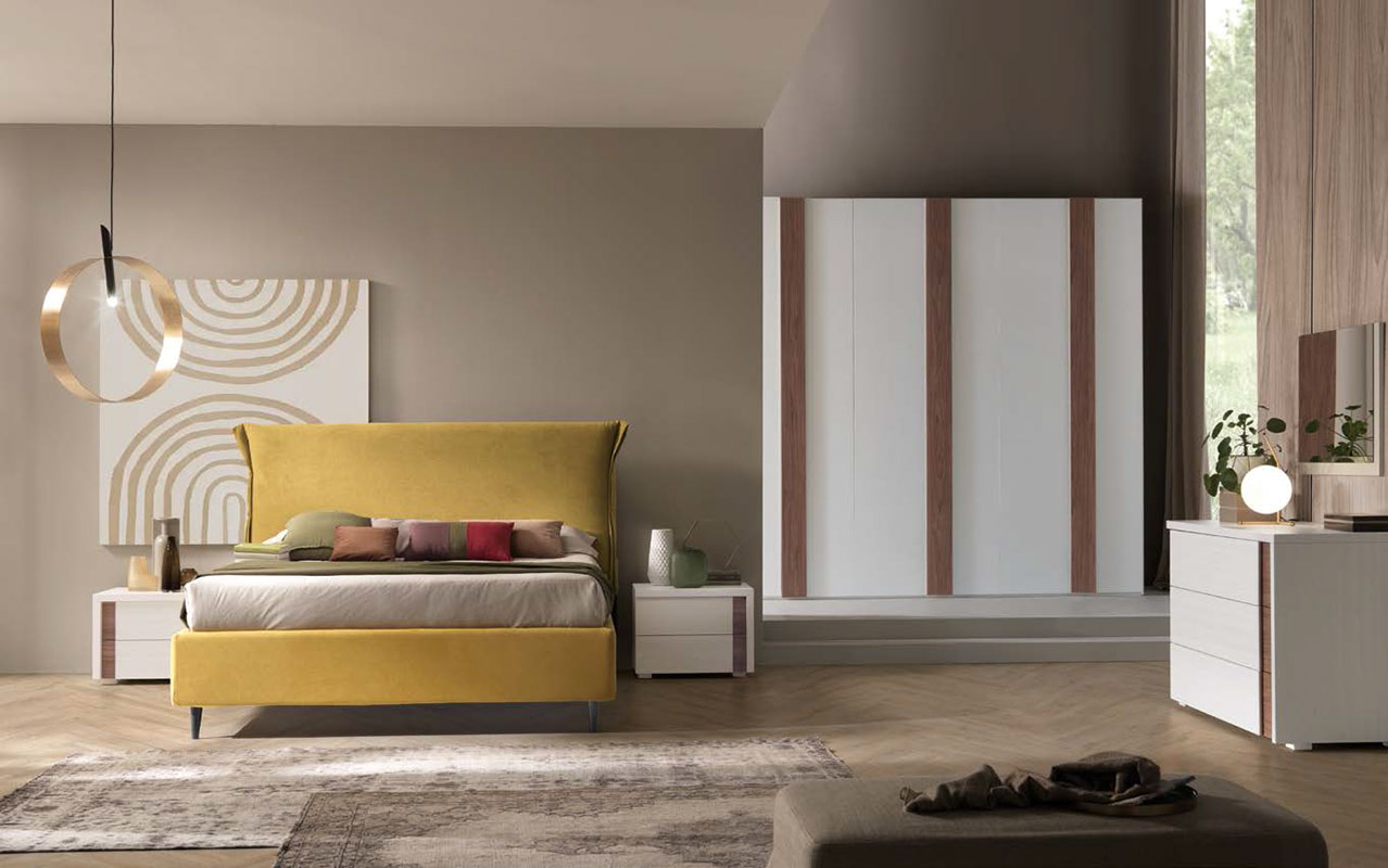 Camera moderna completa, finitura Noce bianco e Noce naturale