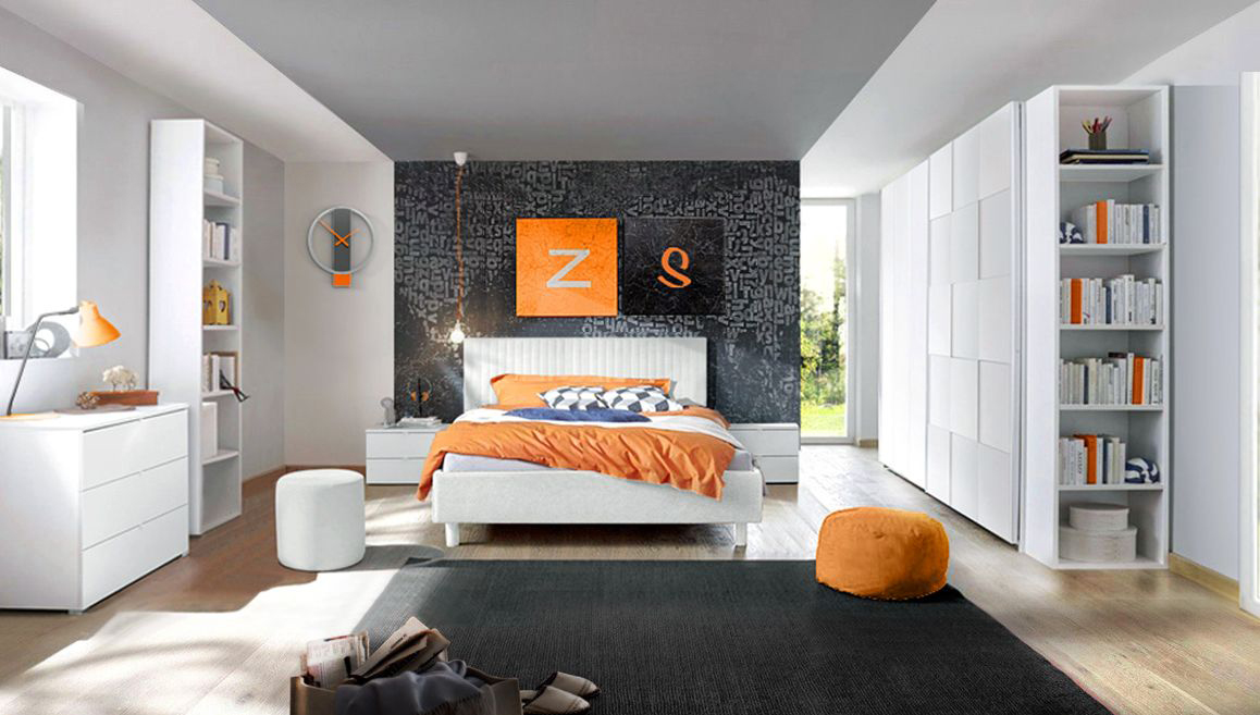 Cameretta matrimoniale con letto, armadio scorrevole e comodini, finitura Bianca