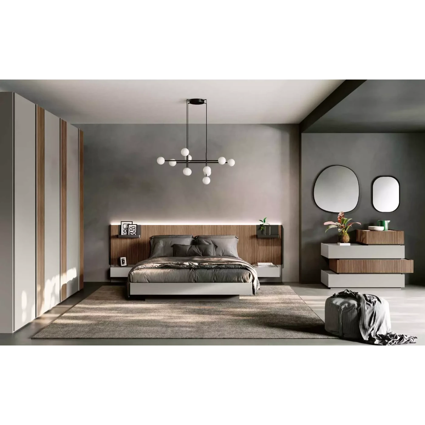 Letto matrimoniale contenitore Efeso, finitura cannettato e grigio seta