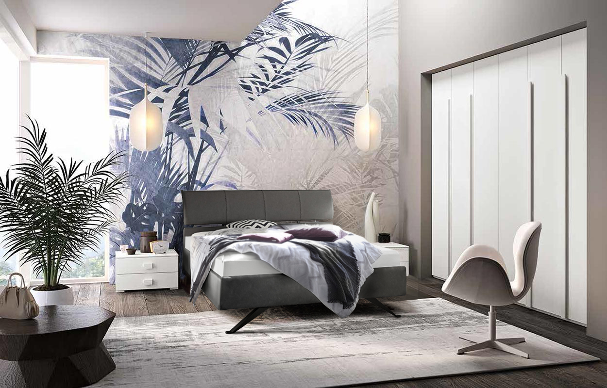 Camera con armadio con ante a soffietto, finitura Bianco frassino