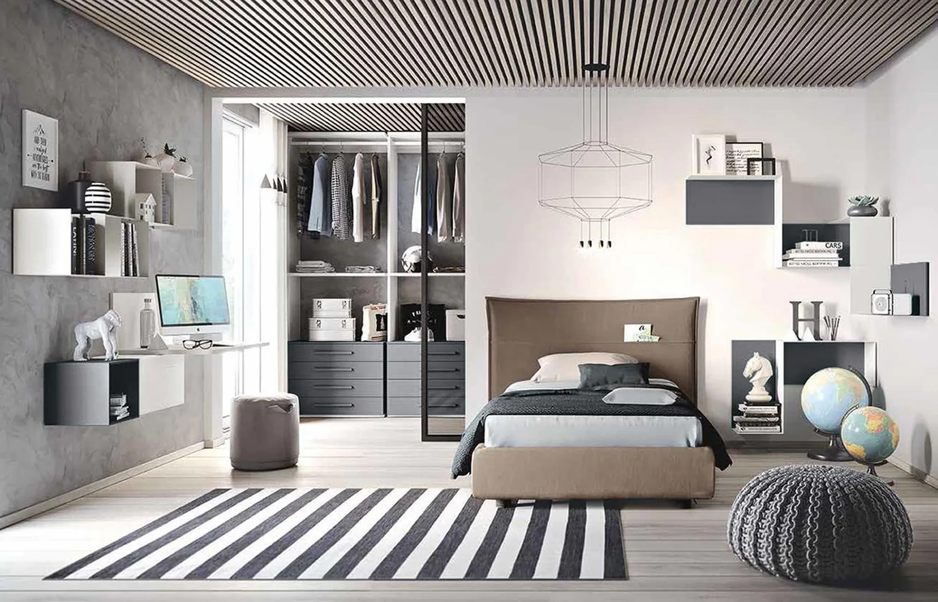 Camera con cabina armadio per ragazzi, finitura Blu reale e Bianco frassino