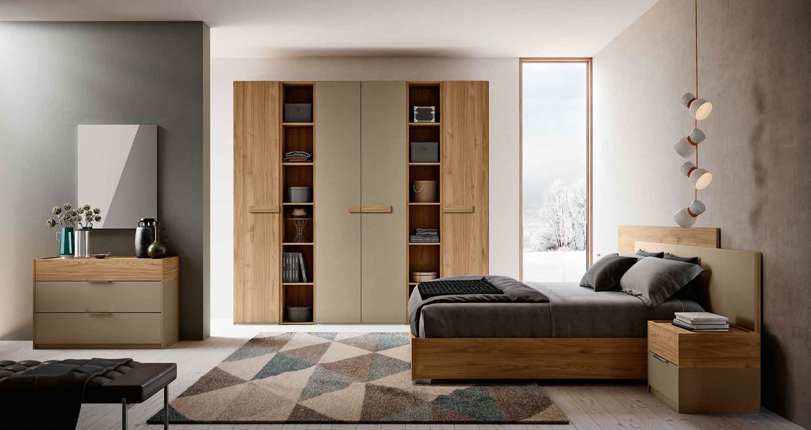 Camera da letto matrimoniale completa, finitura Oro e Noce biondo