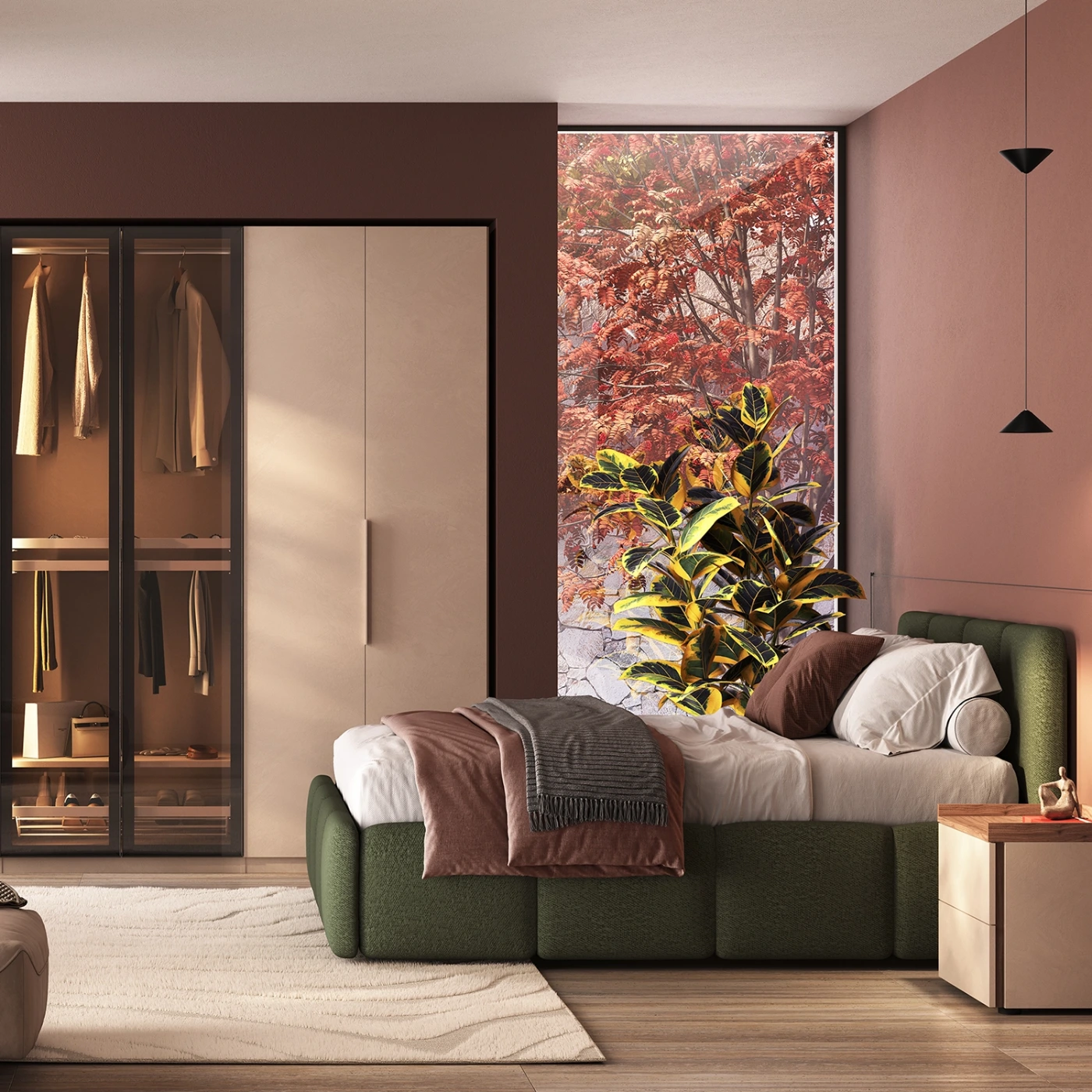 Camera matrimoniale con armadio battente, letto e coppia comodini